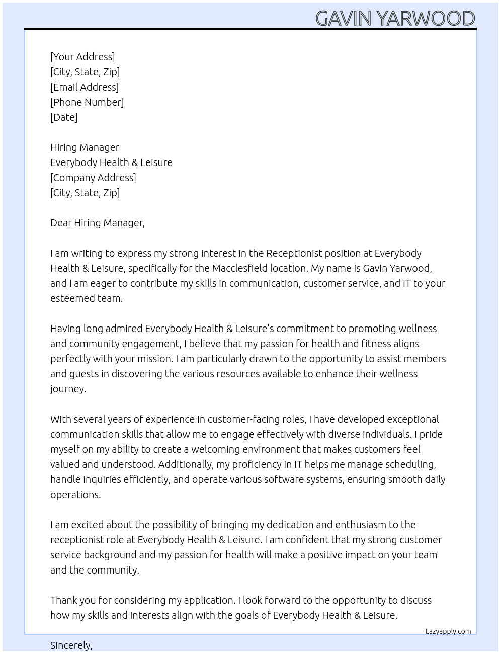 Receptionist At Everybody Health & Leisure Cover Letter