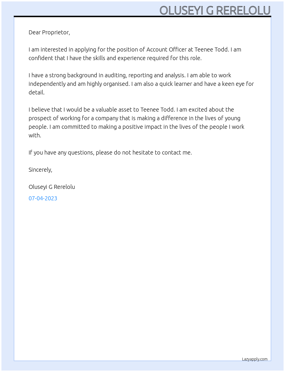 Account officer At Teenee Todd Cover Letter