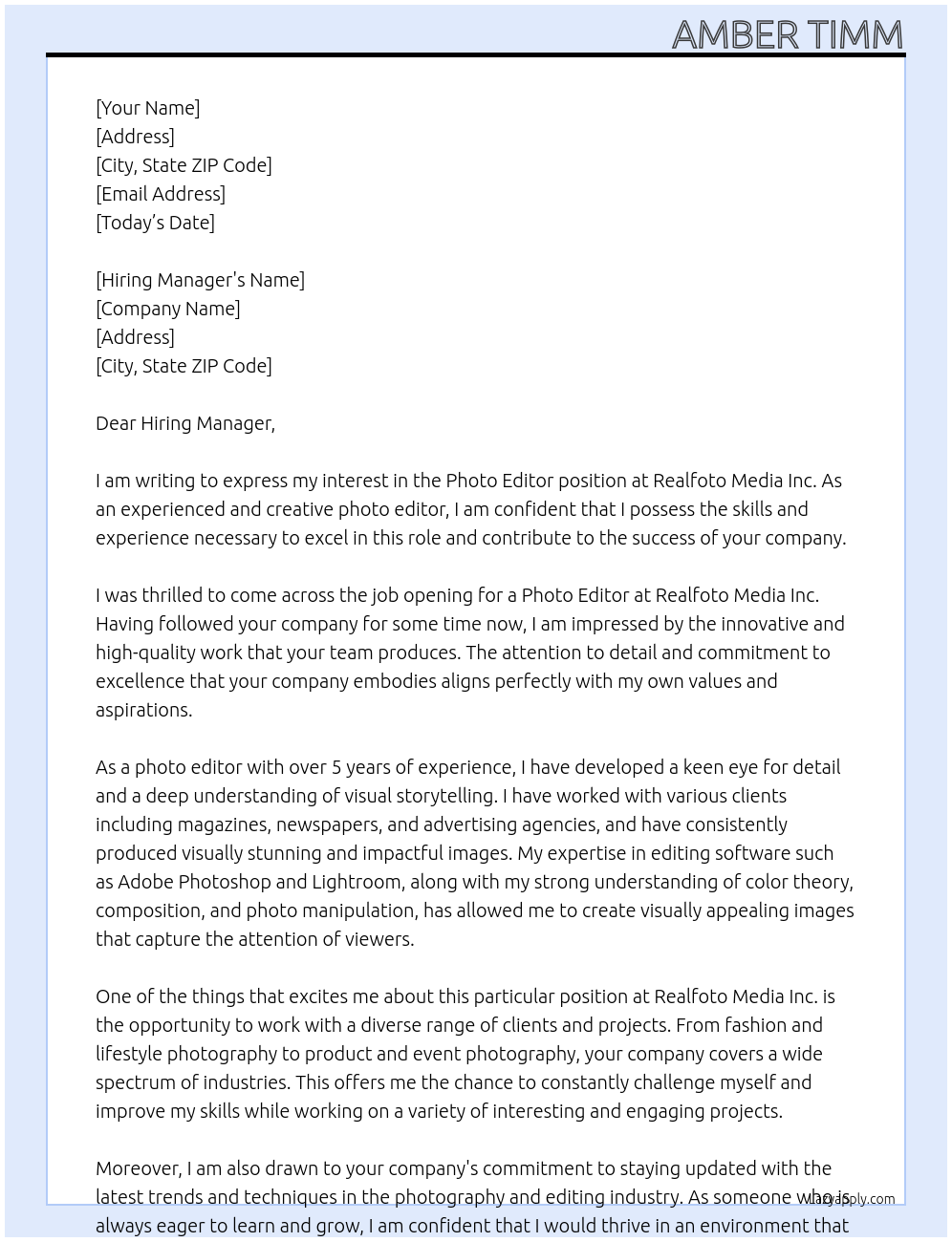 Photo Editor At Realfoto Media Inc. Cover Letter