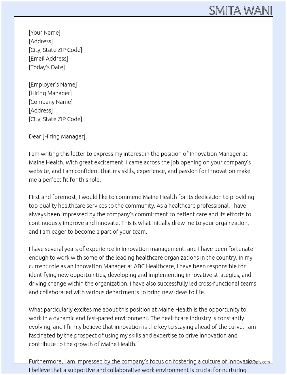 Innovation Manager At maine health Cover Letter