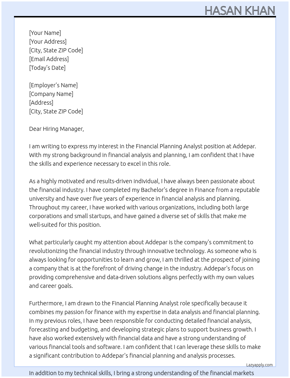 Financial Planning Analyst At Addepar Cover Letter