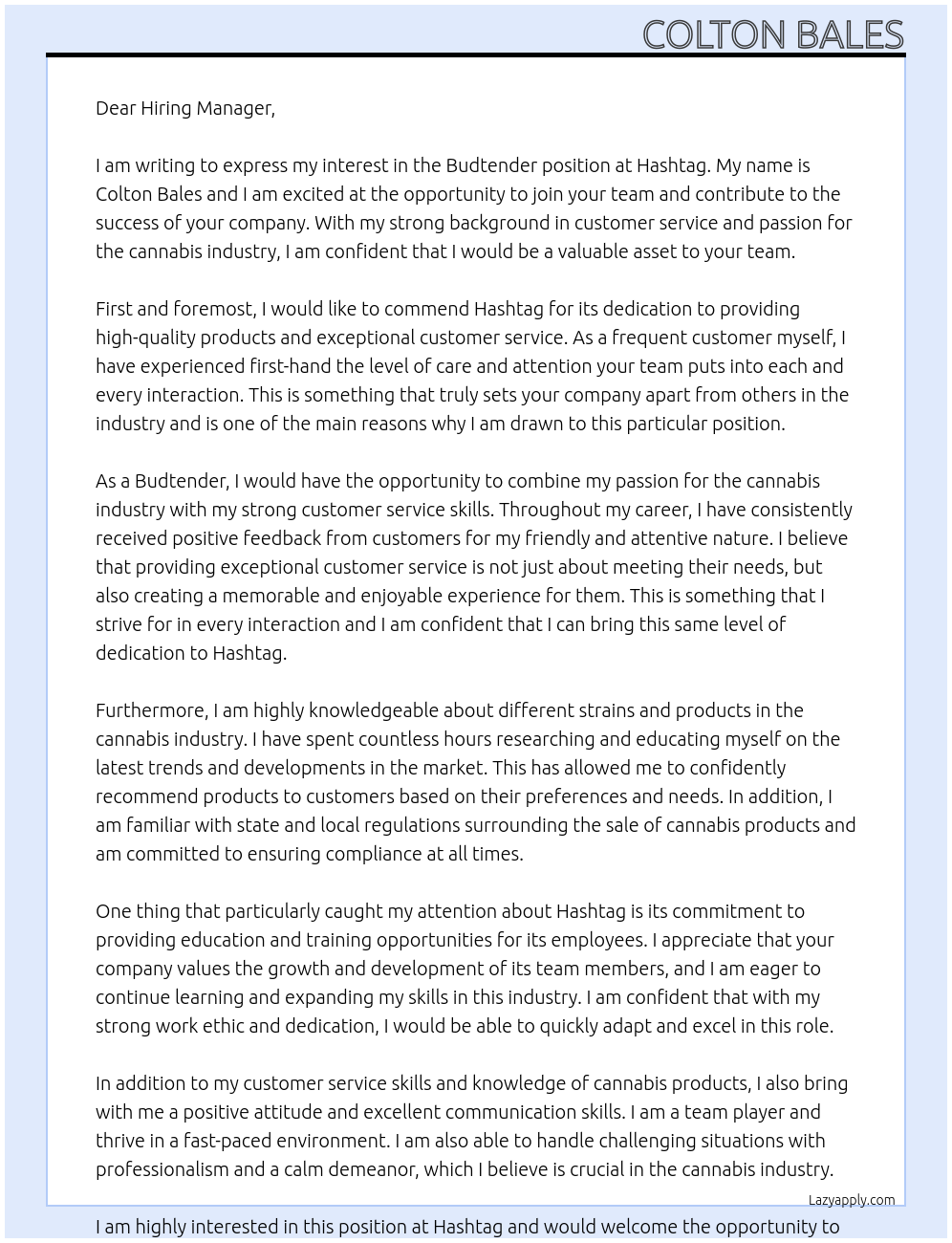 Budtender At Hashtag Cover Letter