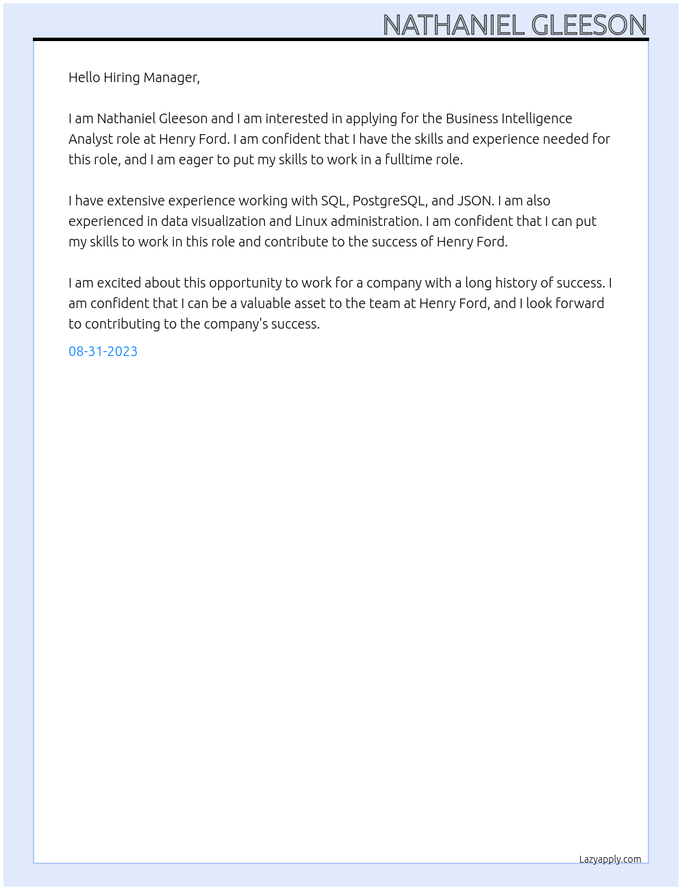 Business Intelligence Analyst At Henry Ford Cover Letter