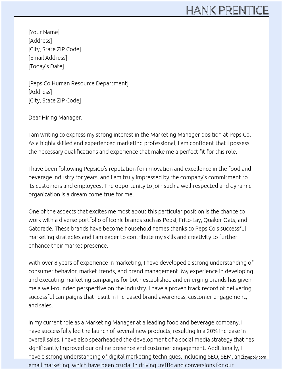 Marketing Manager At PepsiCo Cover Letter