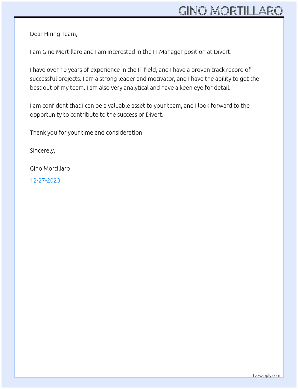 IT Manager At Divert Cover Letter