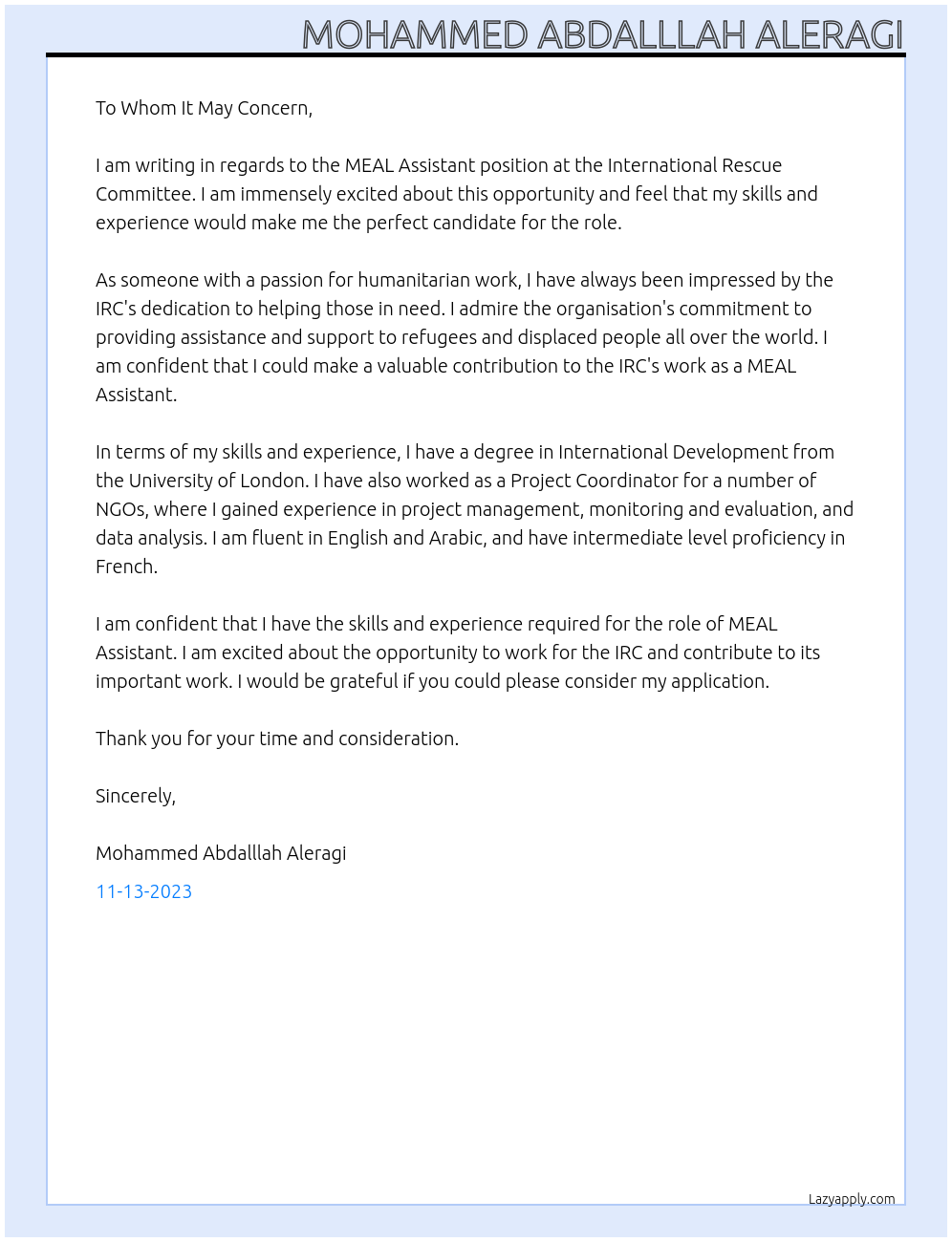 MEAL Assistant At International Rescue Committee Cover Letter