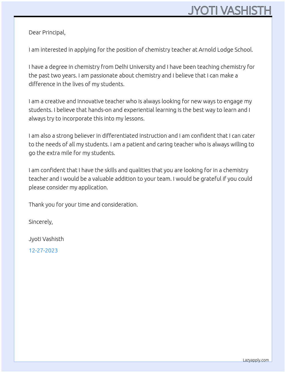chemistry teacher  At Arnold Lodge School  Cover Letter