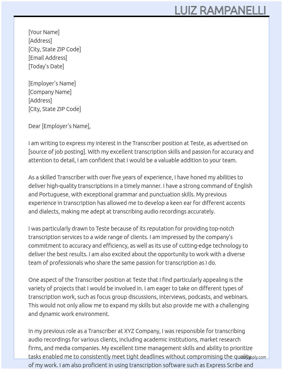 Transcriber At Teste Cover Letter