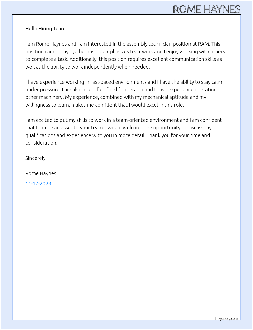 Assembly technician At RAM Cover Letter