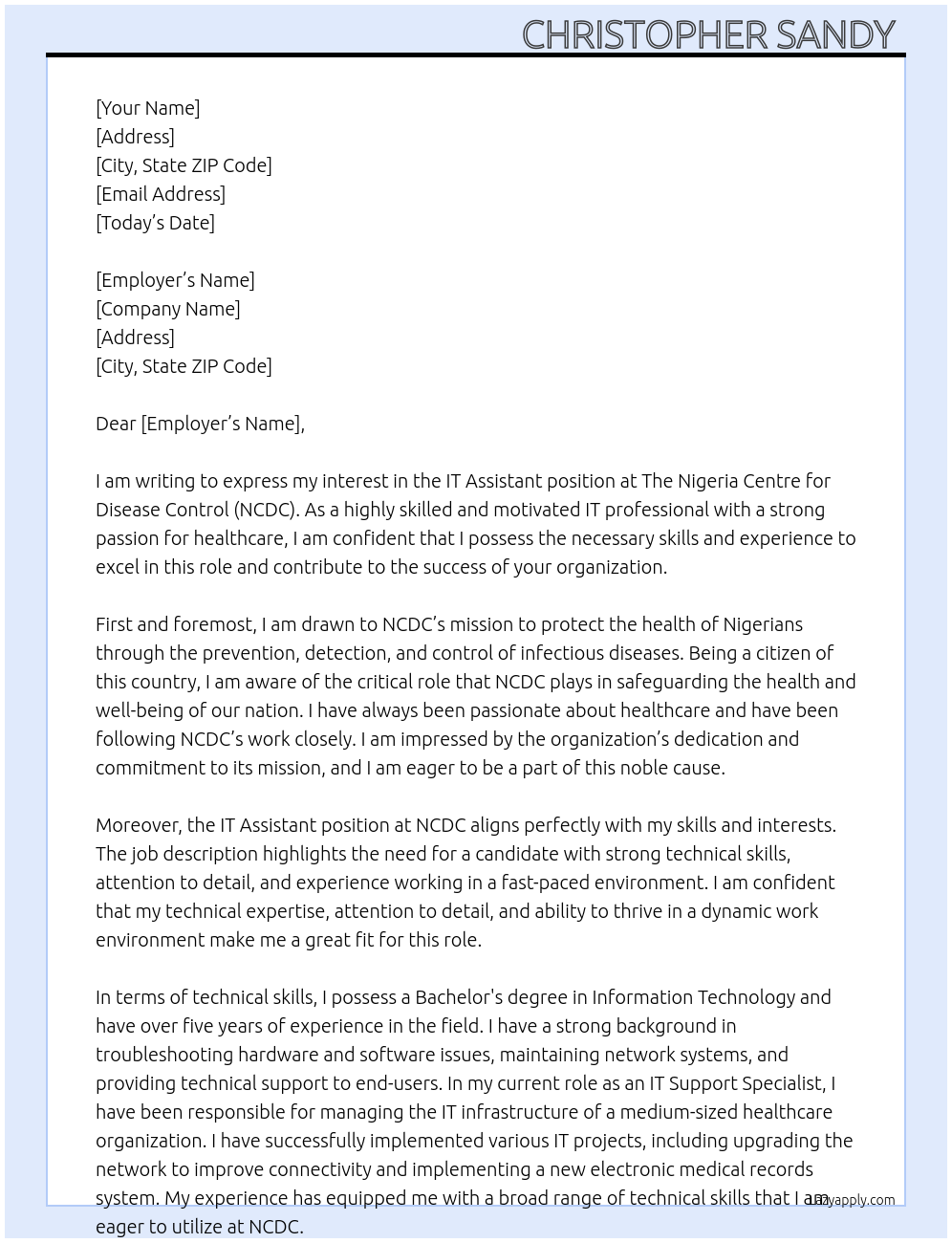 IT ASSISTANT At The Nigeria Centre for Disease Control (NCDC) Cover Letter