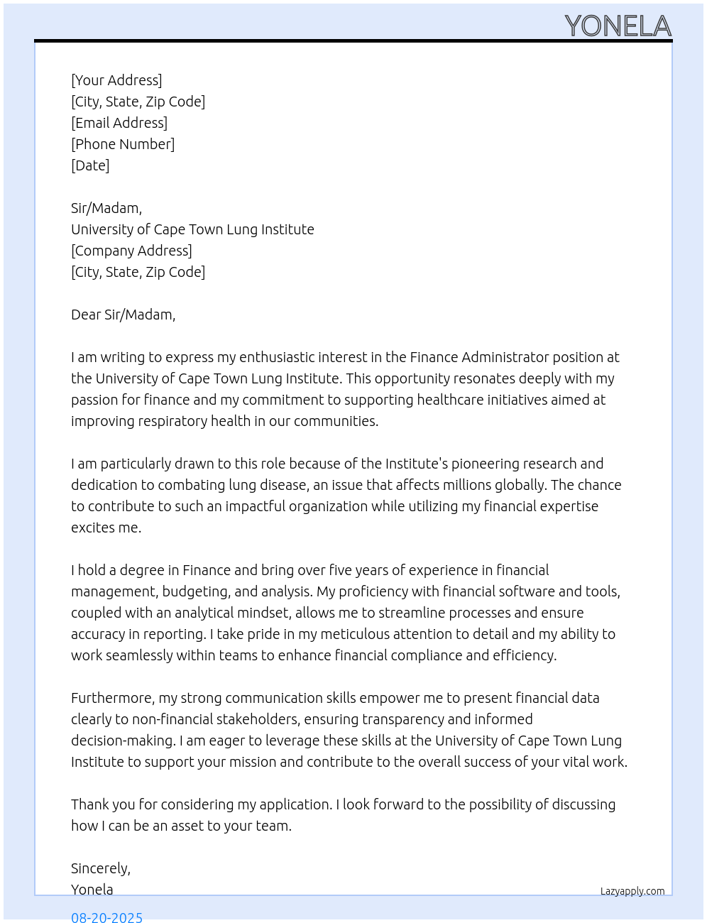 Finance Administrator At University of Cape Town Lung Institute  Cover Letter
