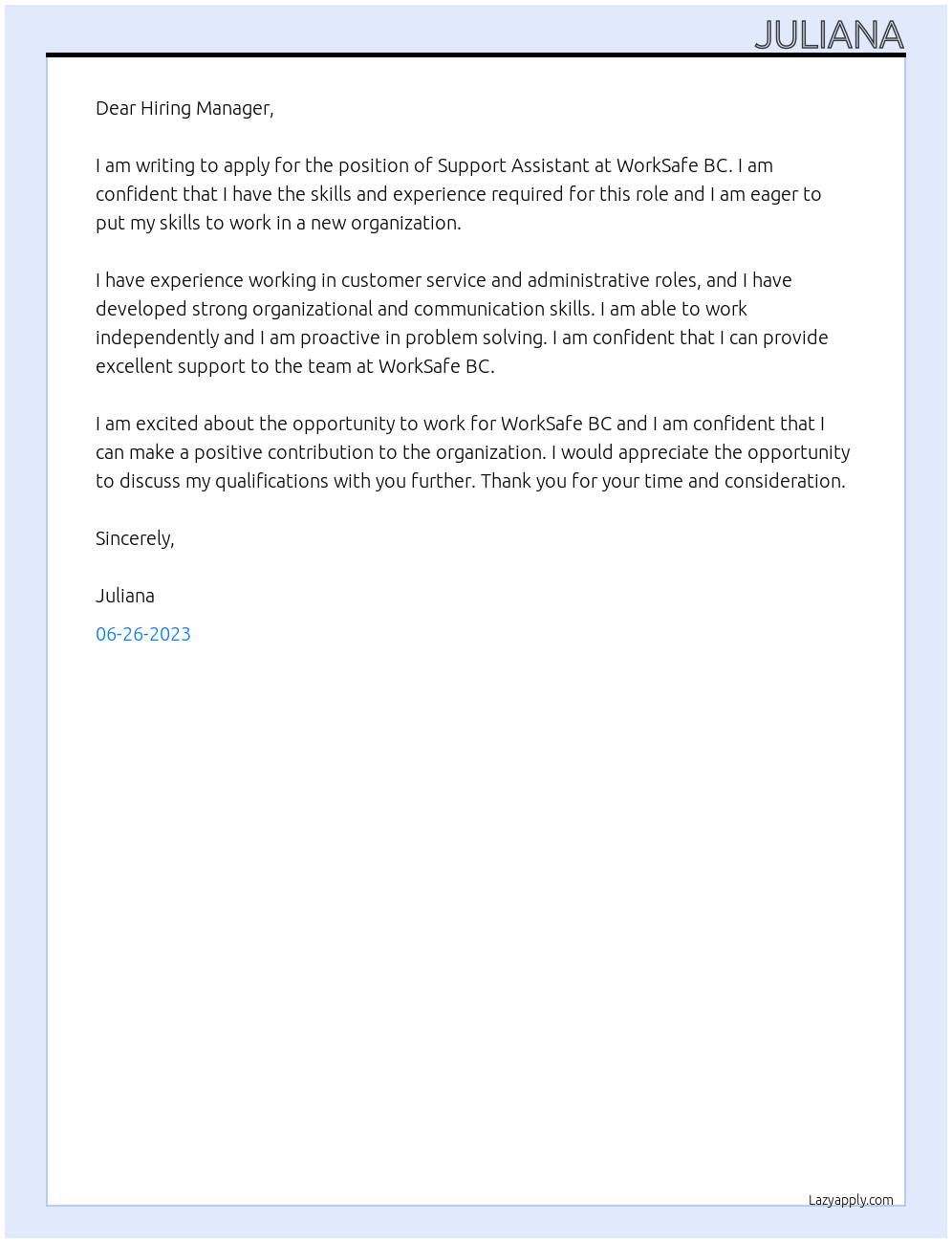 Support Assistant At WorkSafe BC Cover Letter