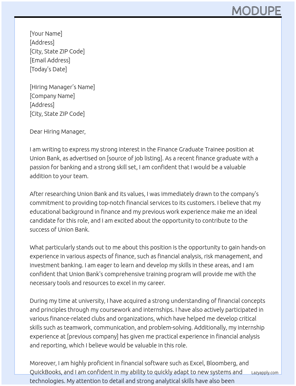 Finance graduate trainee At Union bank Cover Letter