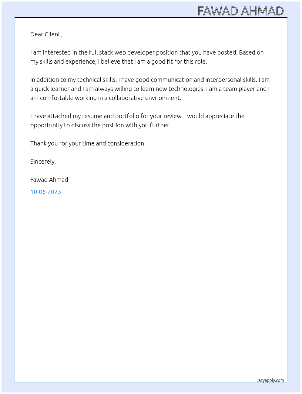 full stack web developer At Client Cover Letter