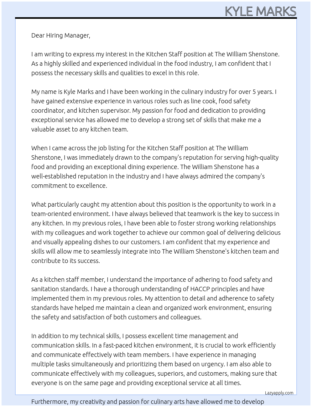 Kitchen Staff At The William Shenstone Cover Letter