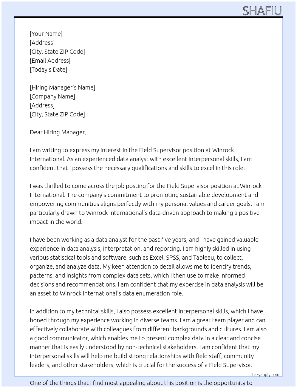 Field Supervisor At Winrock International Cover Letter