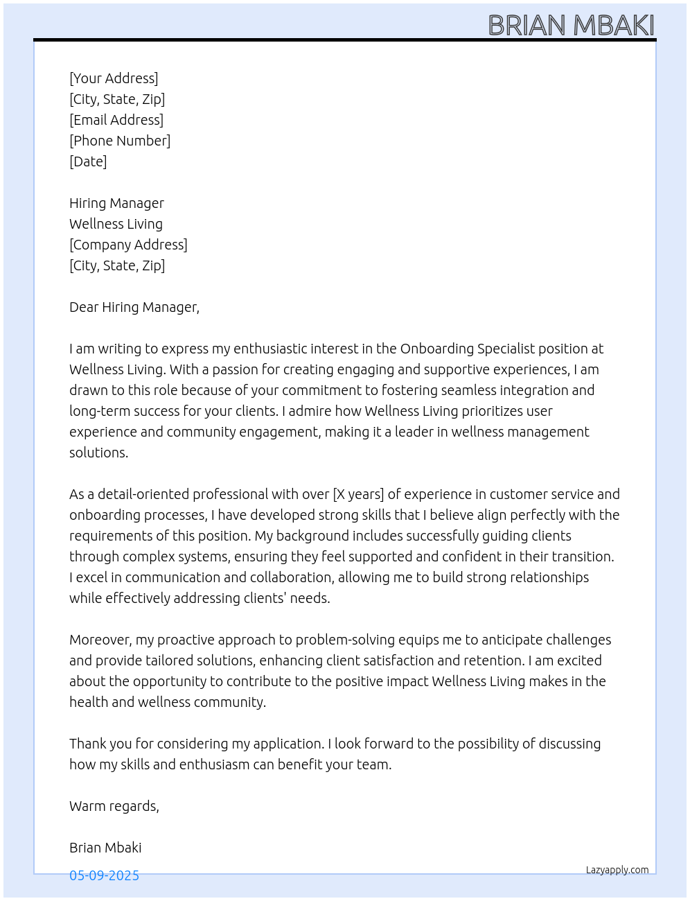 Cover letter for onboarding specialist - LazyApply