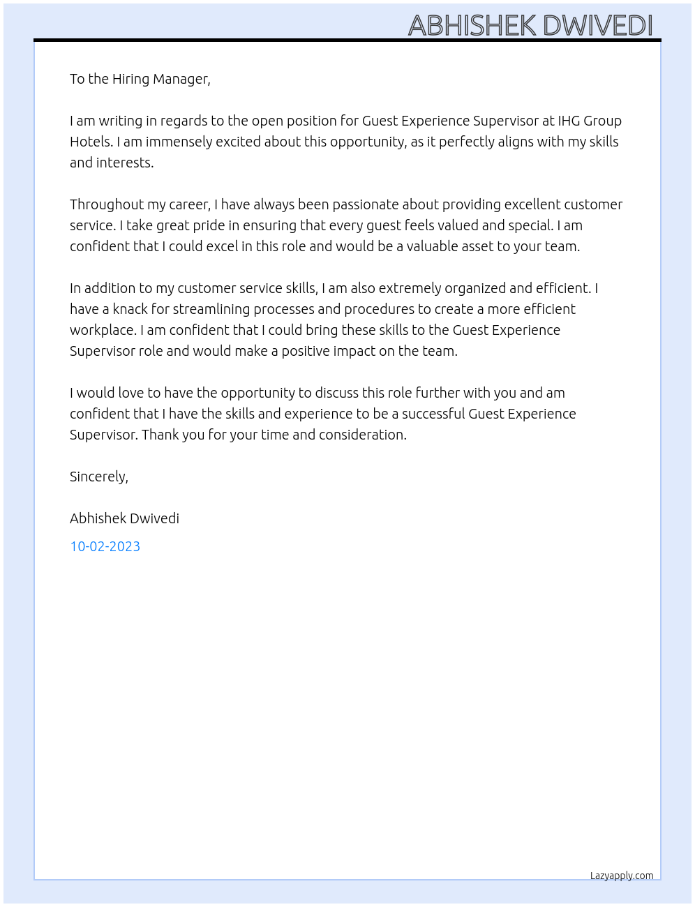 Guest Experience Supervisor At IHG Group Hotels At Hotel Holiday Inn Express Bengaluru  Cover Letter