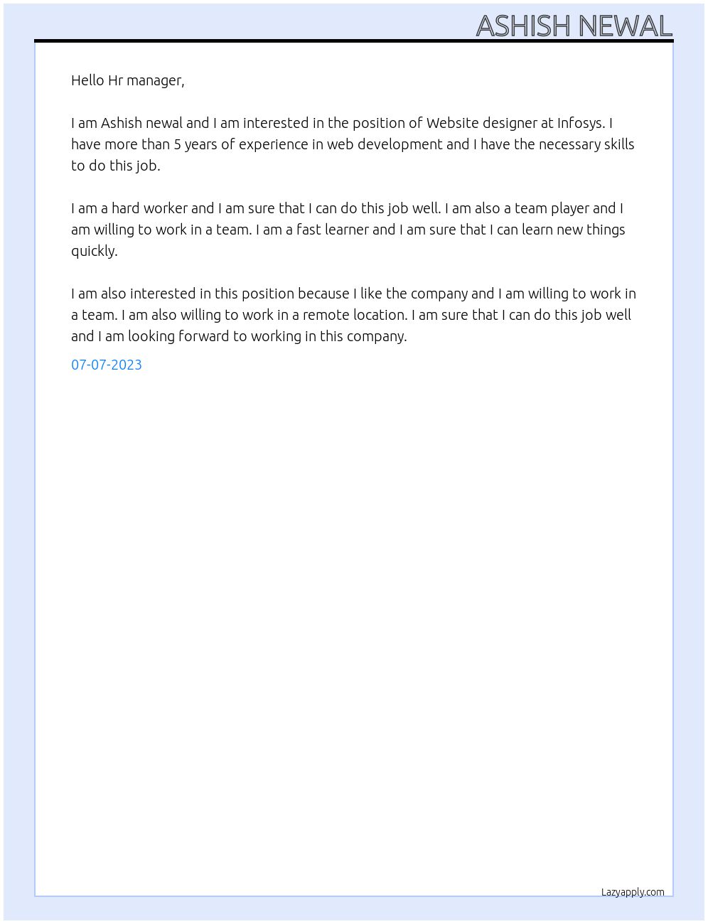 Website designer At Infosys Cover Letter