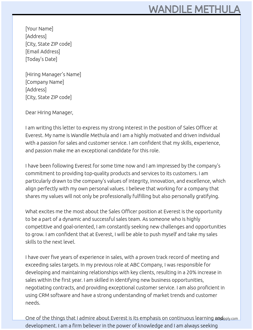 sales officer At Everest Cover Letter