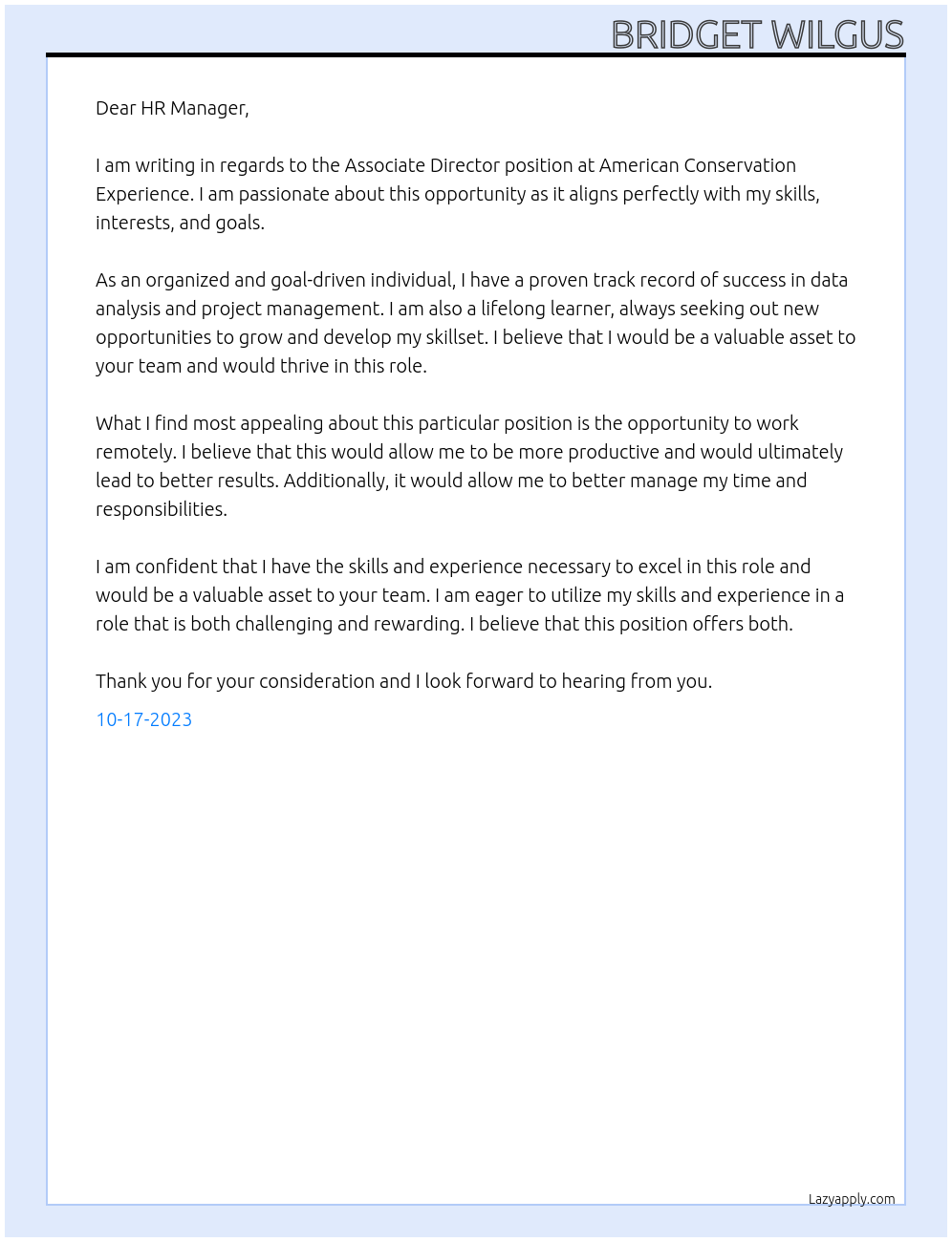 Associate Director At American Conservation Experience Cover Letter