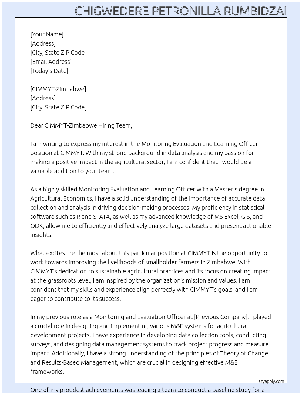 Monitoring Evaluation and Learning Officer At CIMMYT Cover Letter