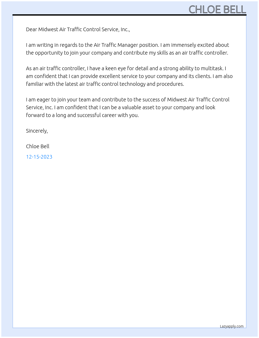 Air traffic controller At Midwest Air Traffic Control Service, Inc. Cover Letter