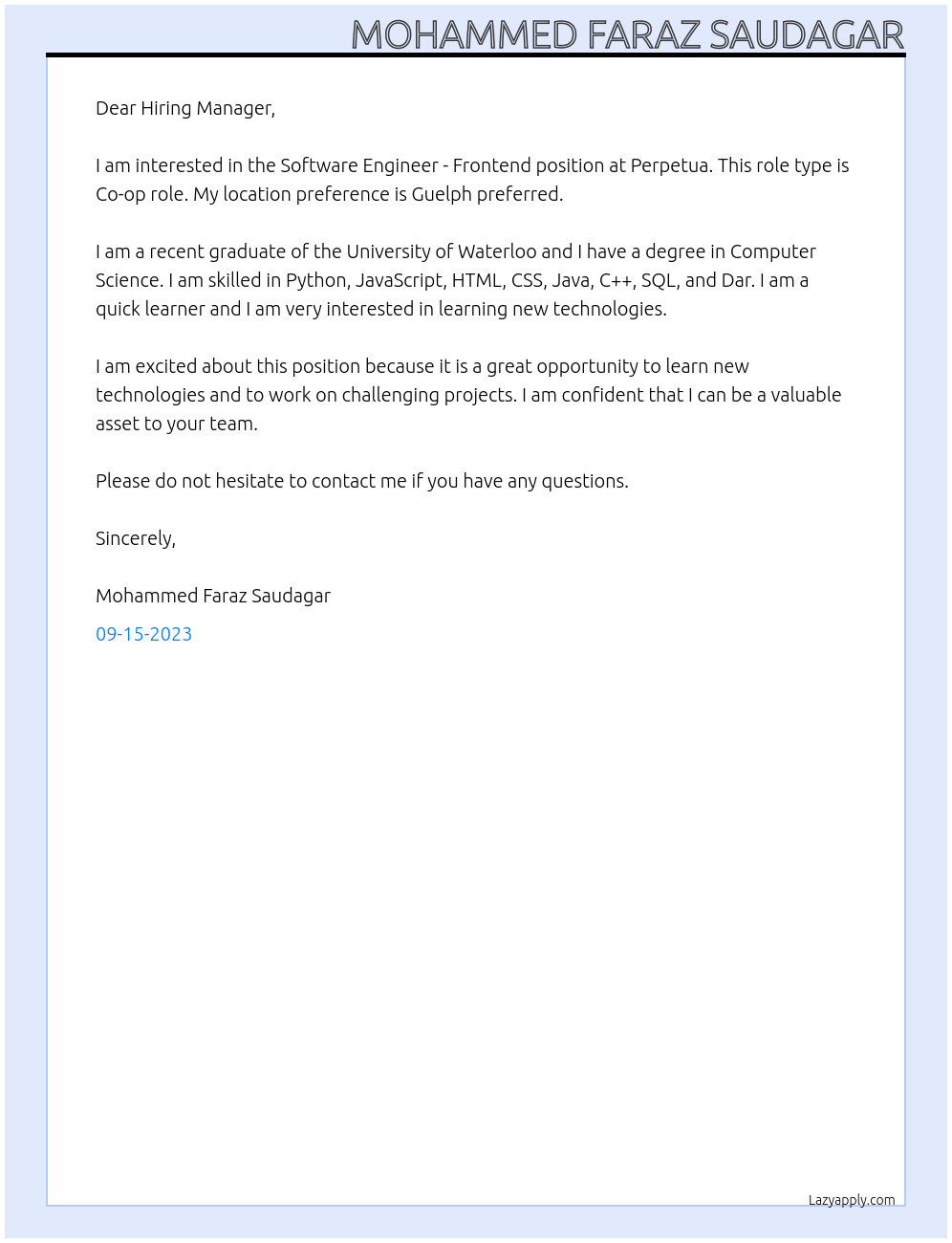 Software Engineer - Frontend At Perpetua Cover Letter