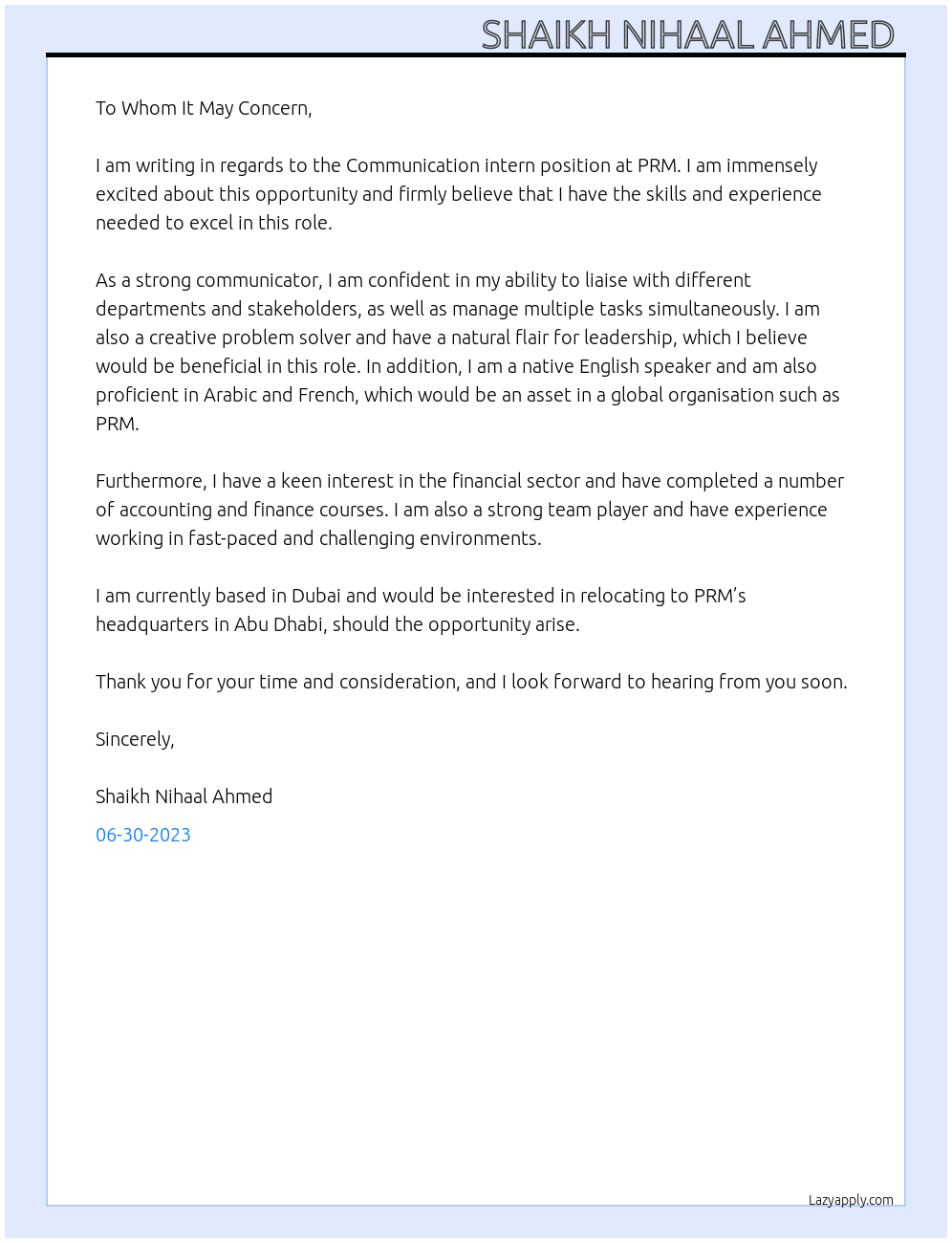 Communication intern At PRM Cover Letter