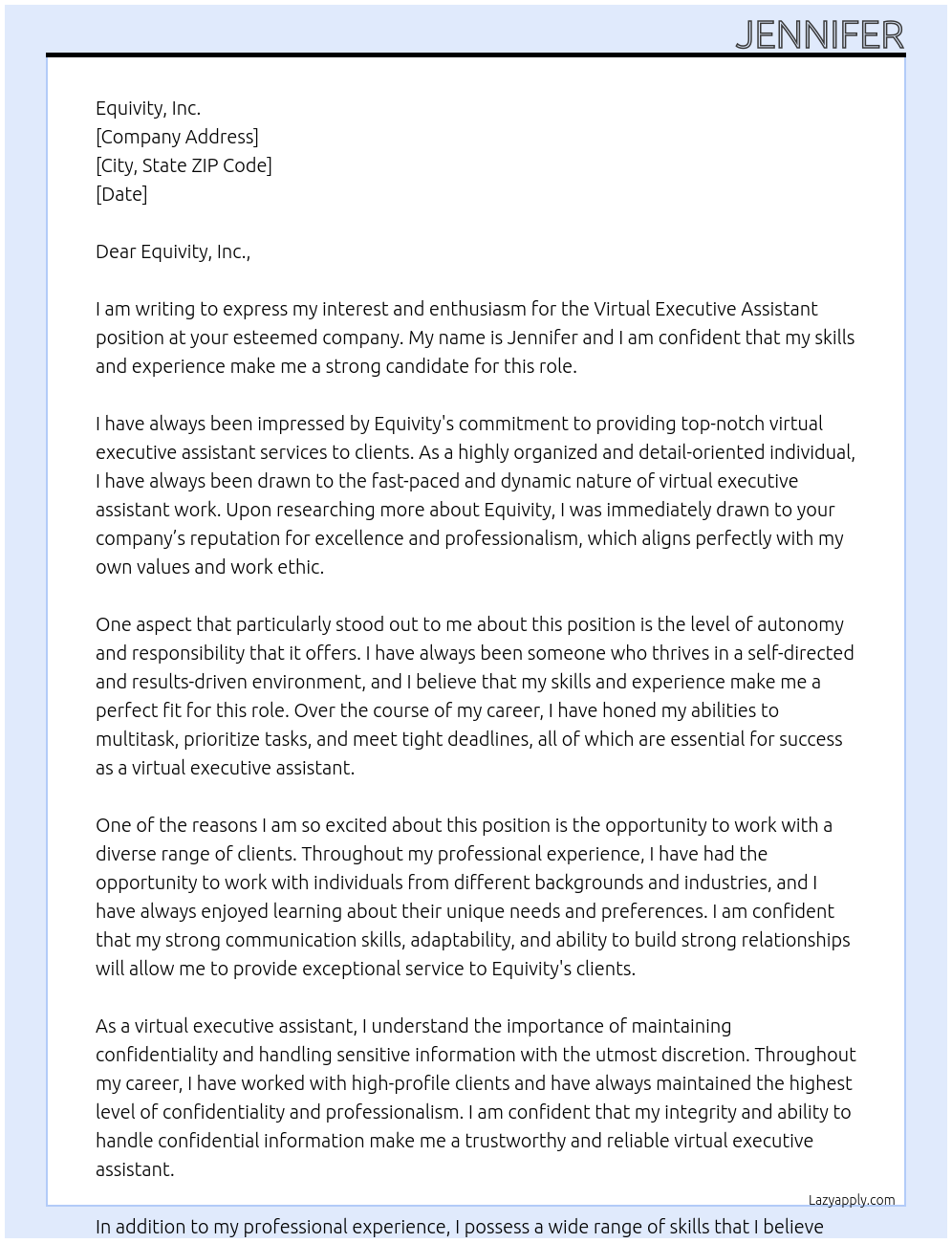 Virtual Executive Assistant At Equivity, Inc. Cover Letter