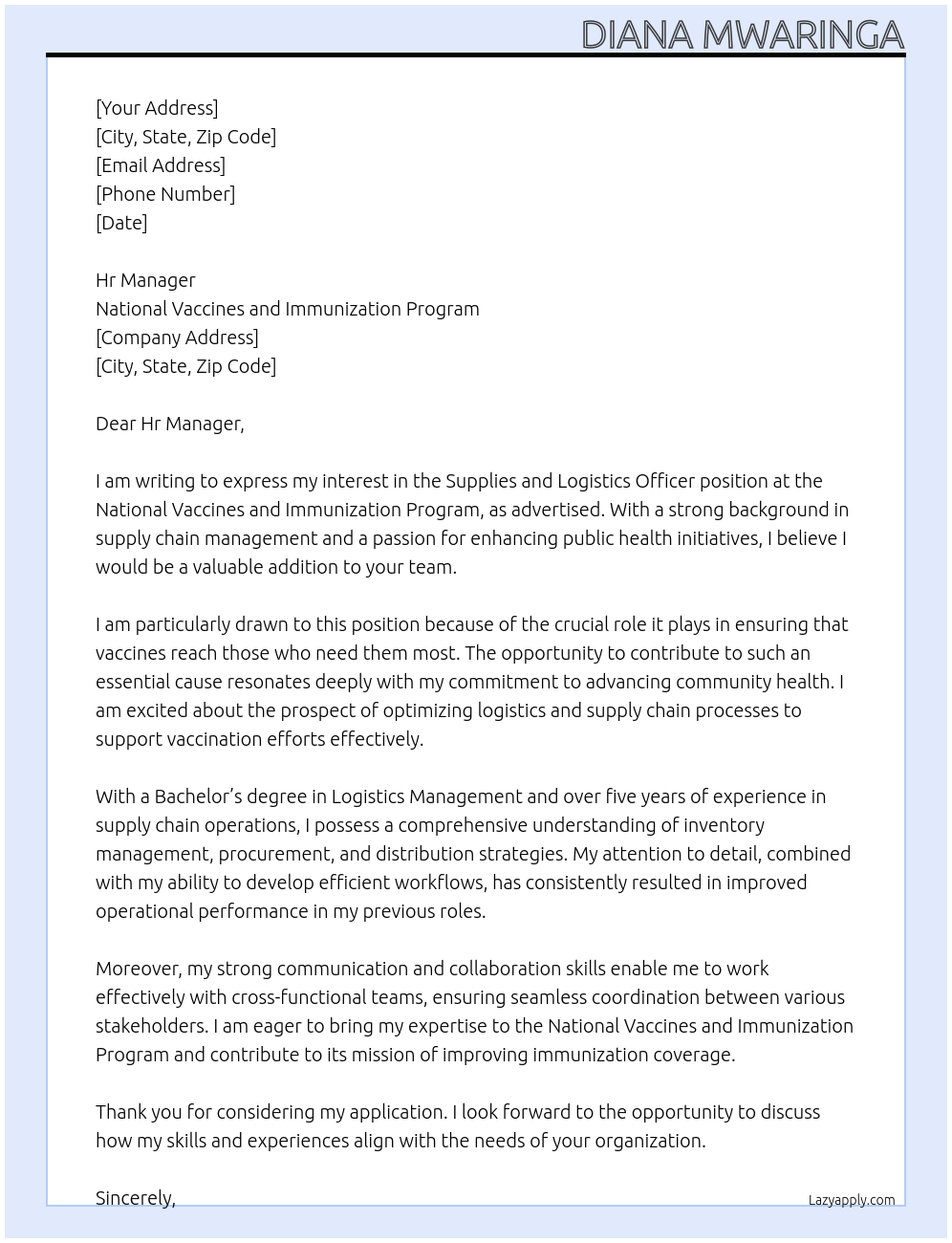 Supplies and Logistics Officer At National Vaccinesand Immunization Program Cover Letter