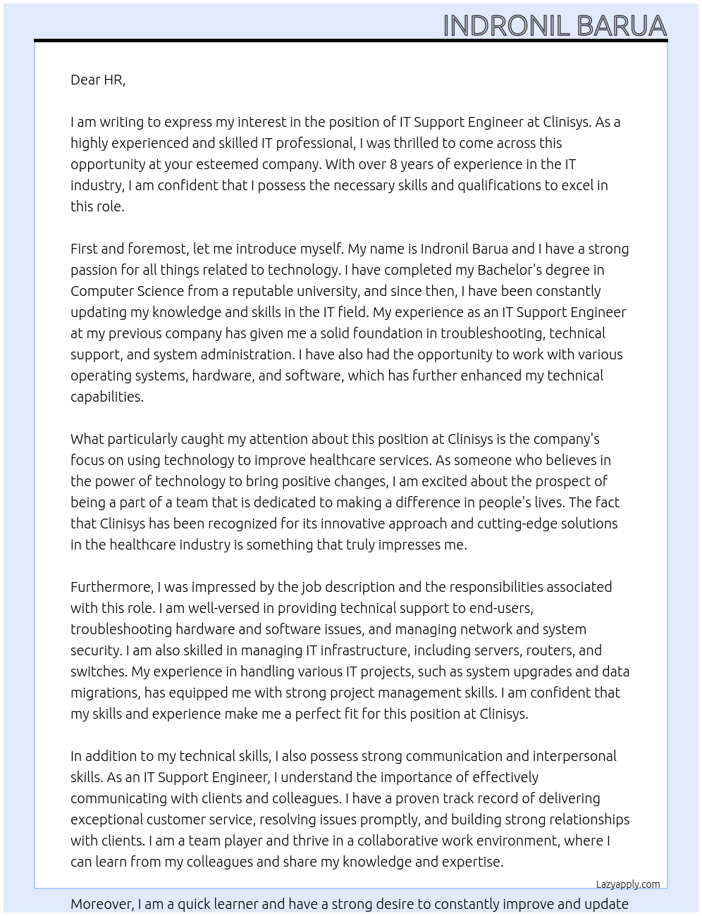 IT Support Engineer At clinisys Cover Letter