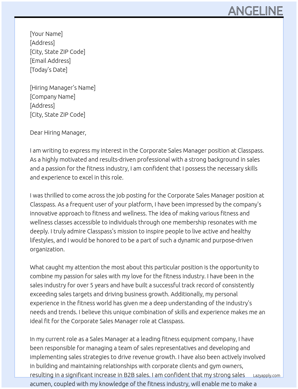 Corporate Sales Manager At Classpass Cover Letter