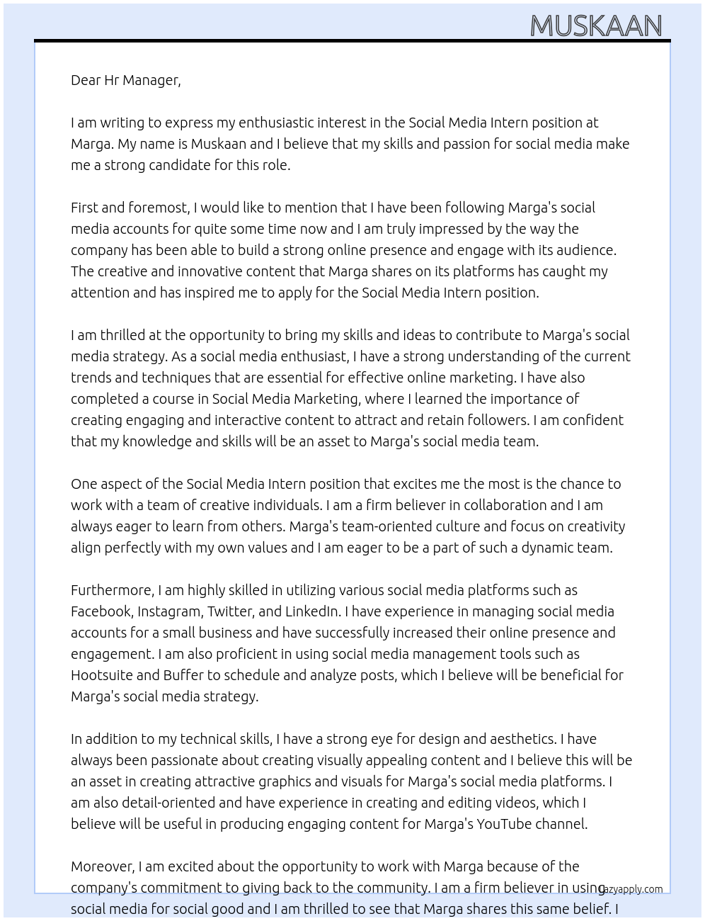 Social media intern At Marga Cover Letter