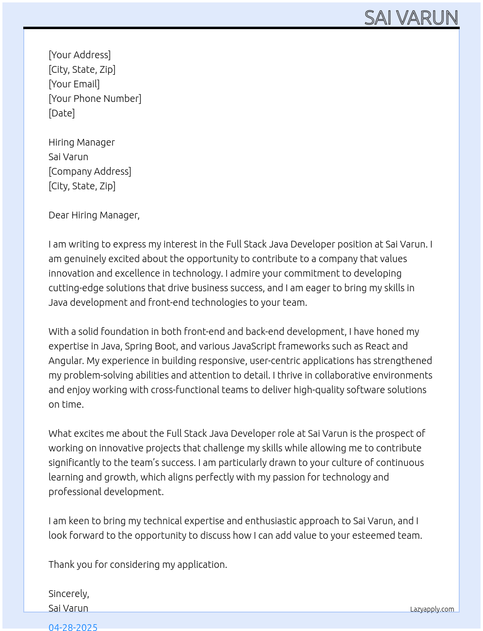 Cover letter for full stack java developer - LazyApply