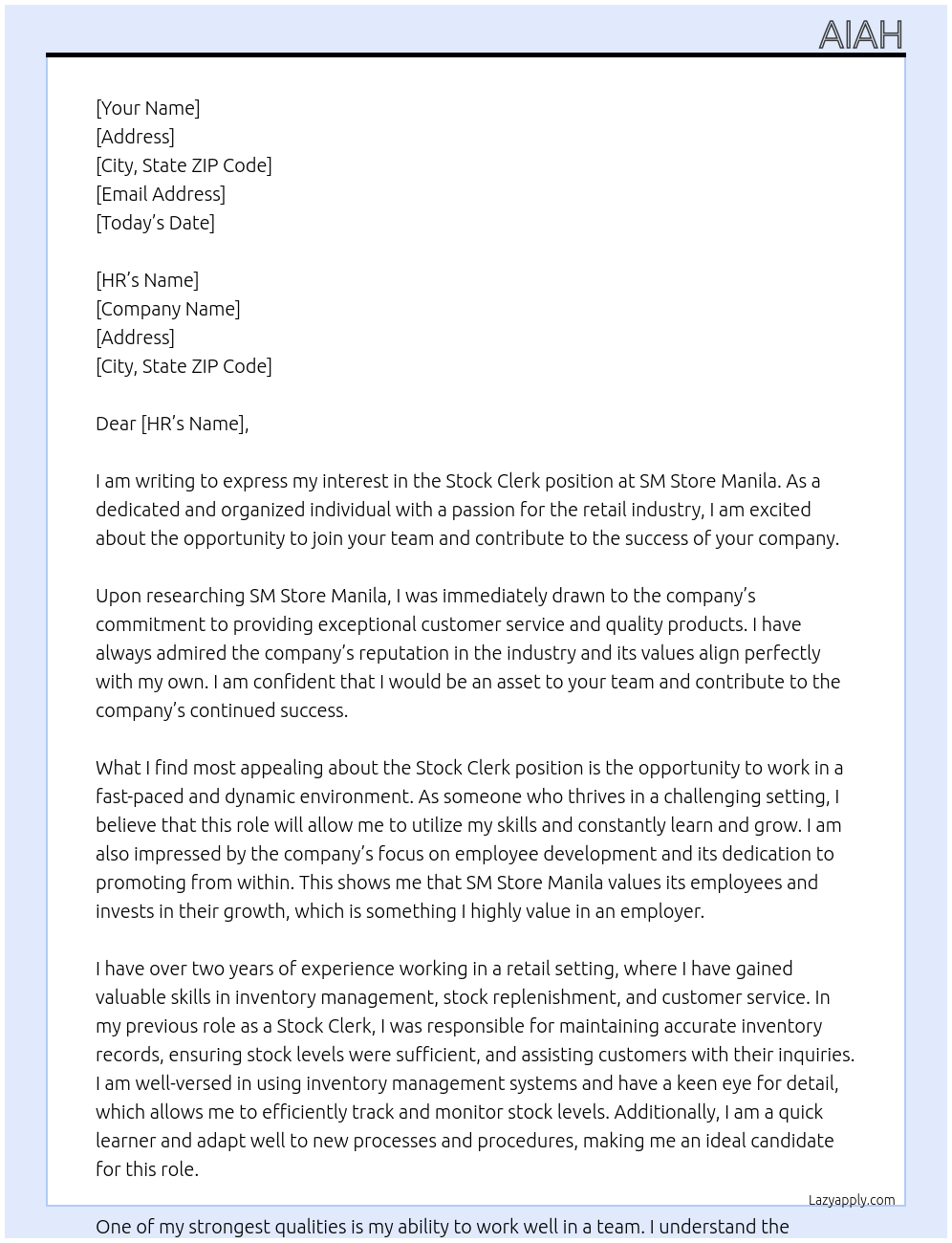 Stock Clerk At SM Store Manila Cover Letter