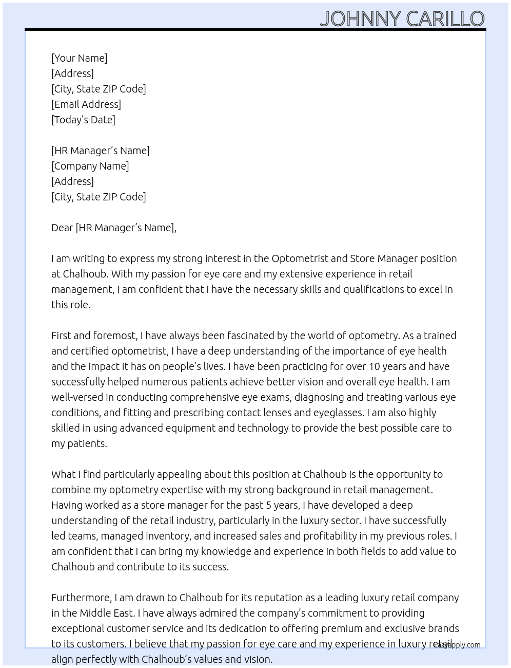 Optometrist & Store maanager At Chalhoub Cover Letter
