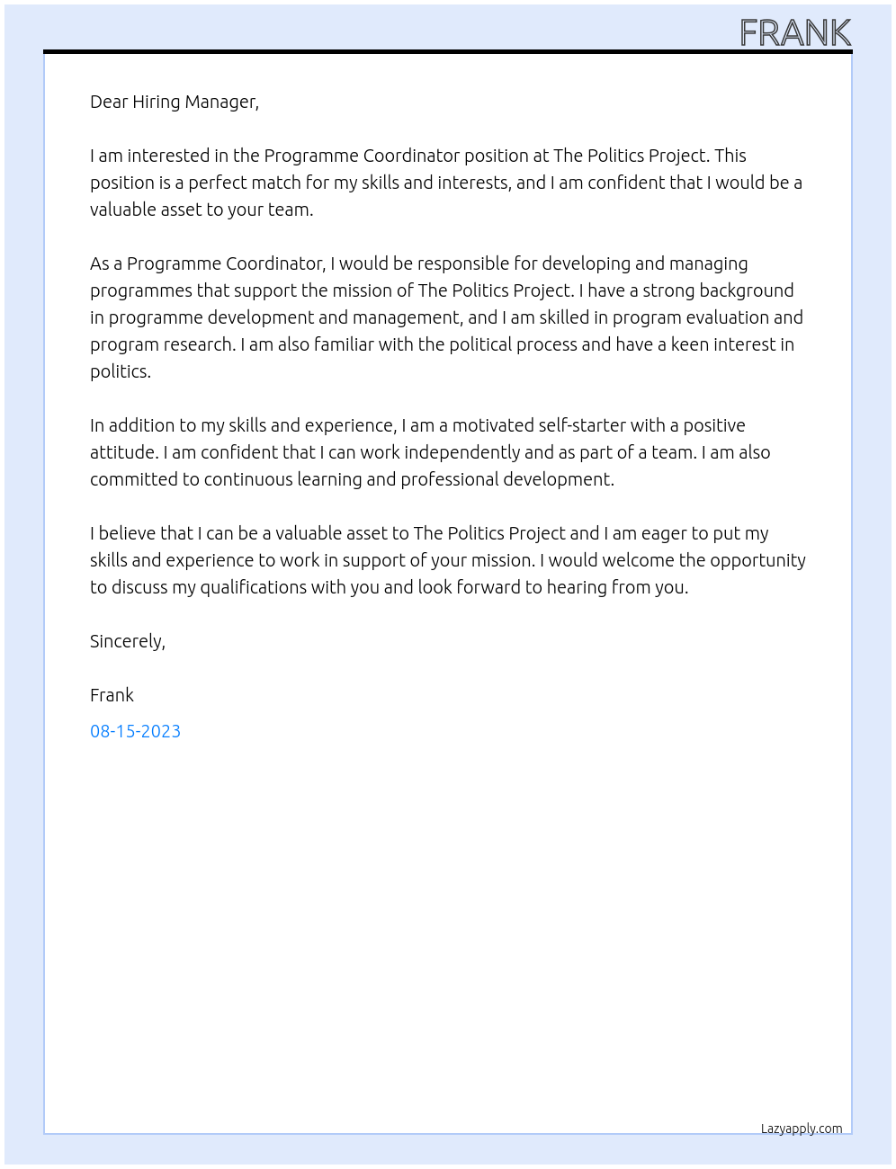 Programme Coordinator At The Politics Project Cover Letter