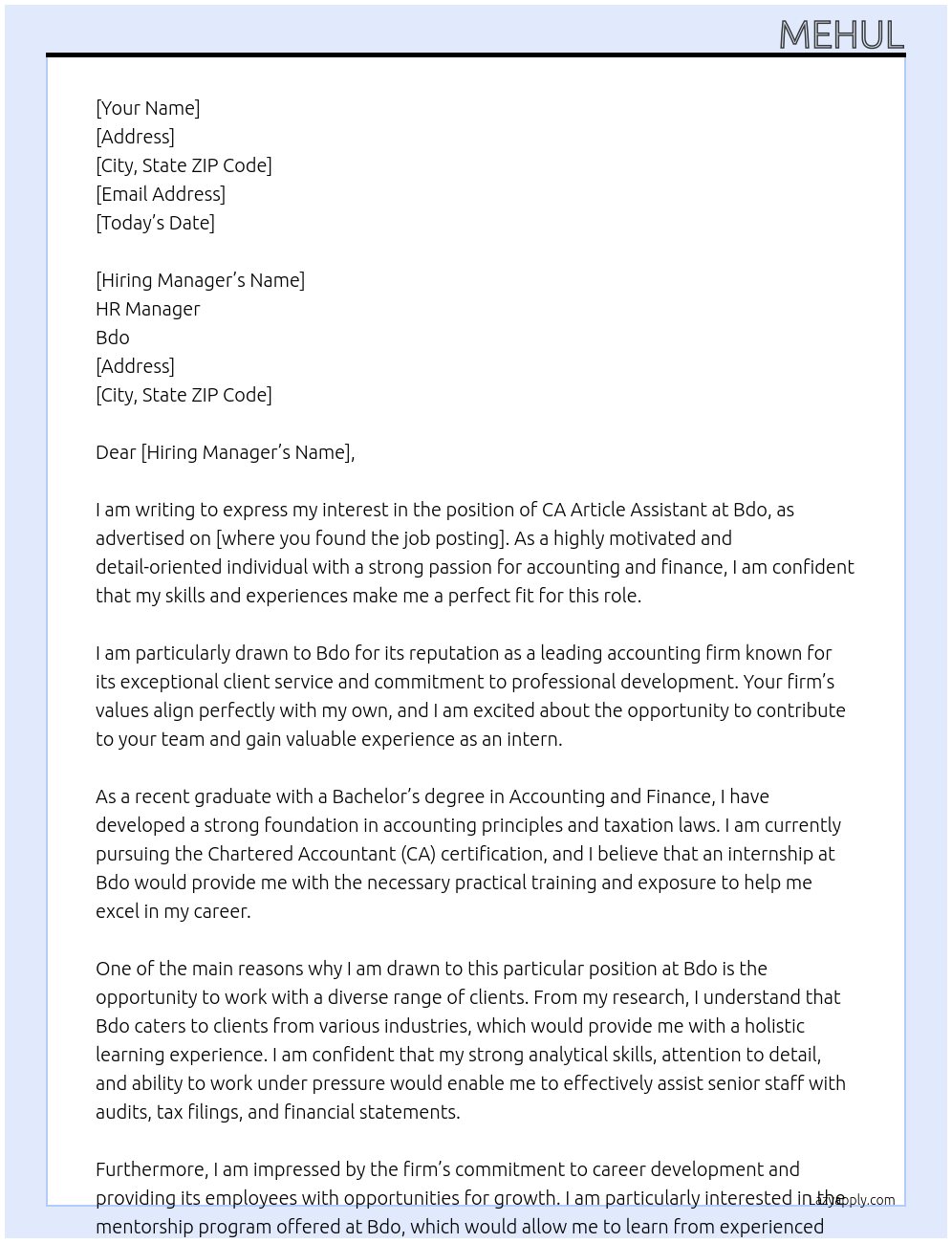 Ca Article assistant At Bdo Cover Letter