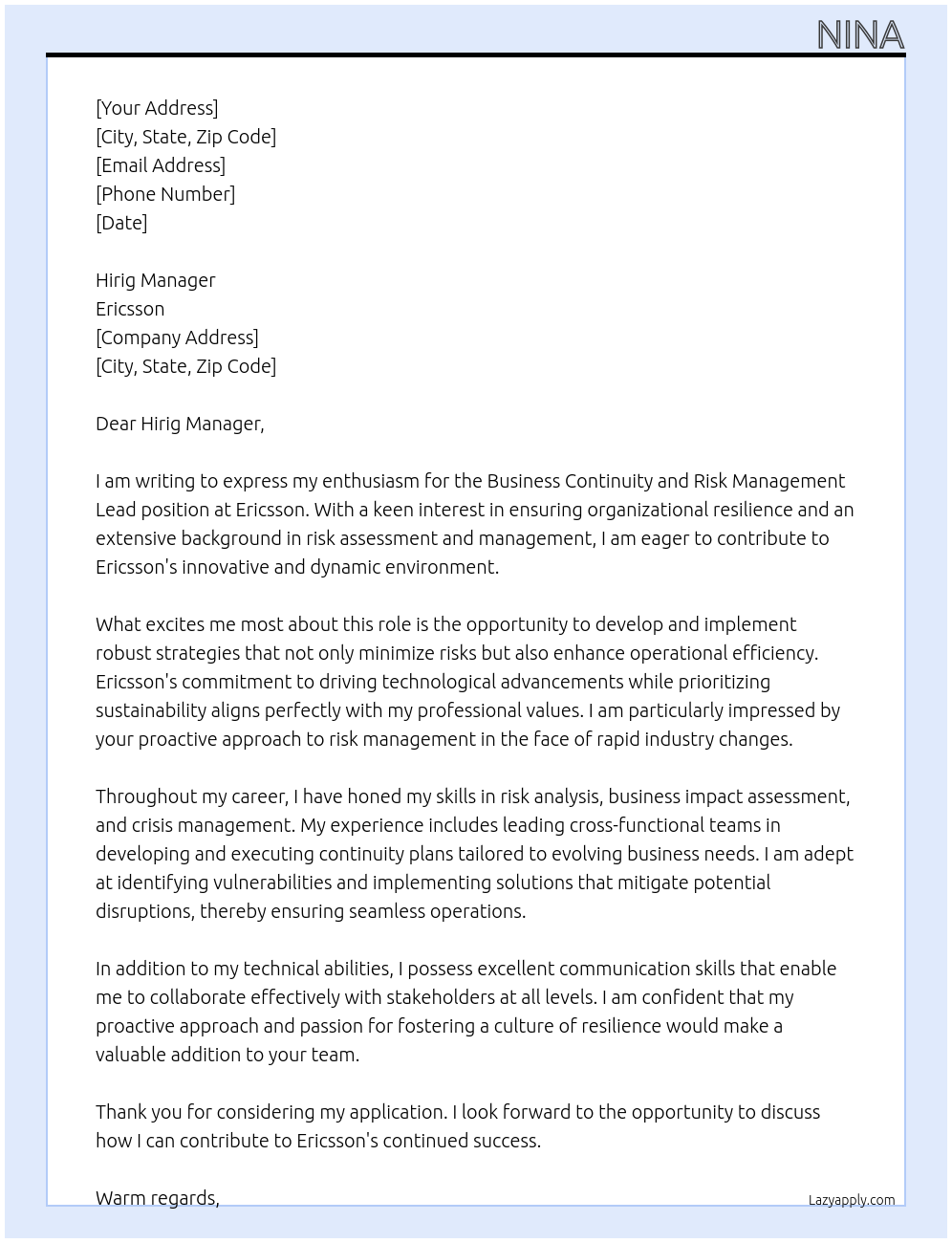 Business Continuity and Risk Management Lead At Ericsson Cover Letter