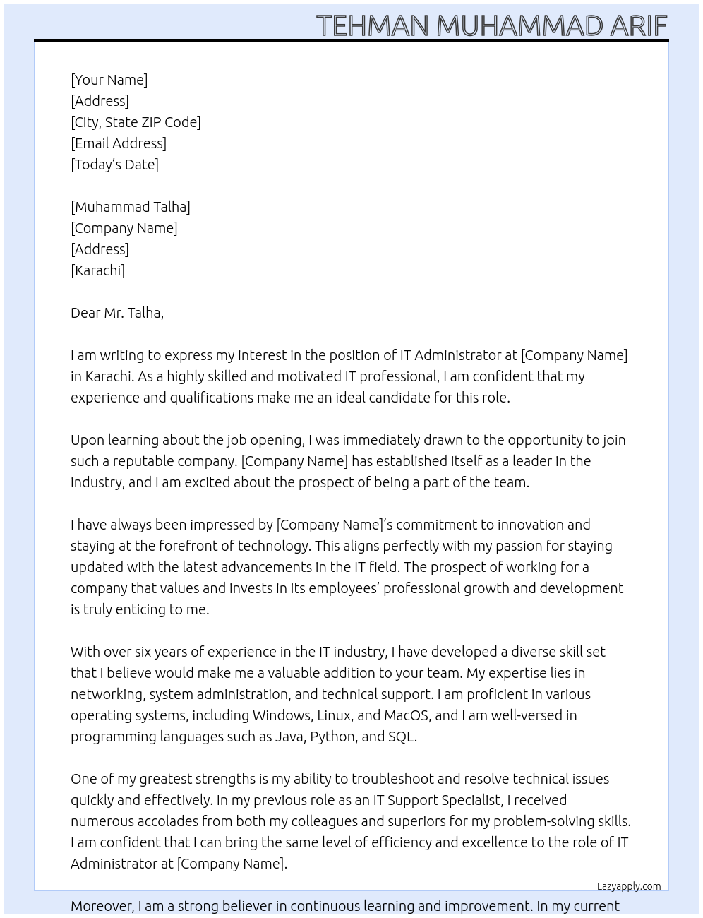 IT Administrator At Karachi Cover Letter