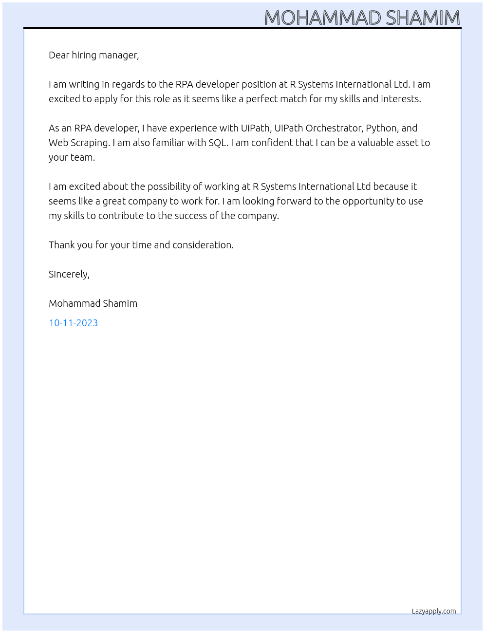 RPA developer At R Systems International Ltd Cover Letter