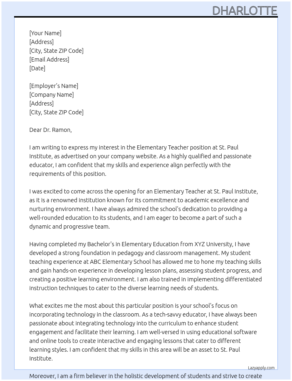 Elementary Teacher At St. Paul Institute Cover Letter
