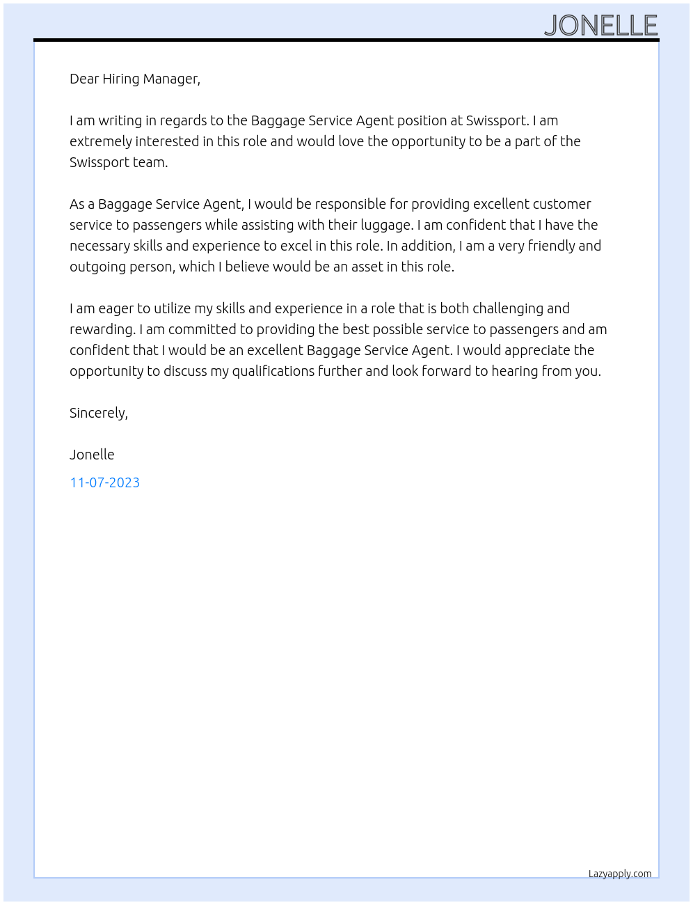 Baggage Service Agent At Swissport Cover Letter
