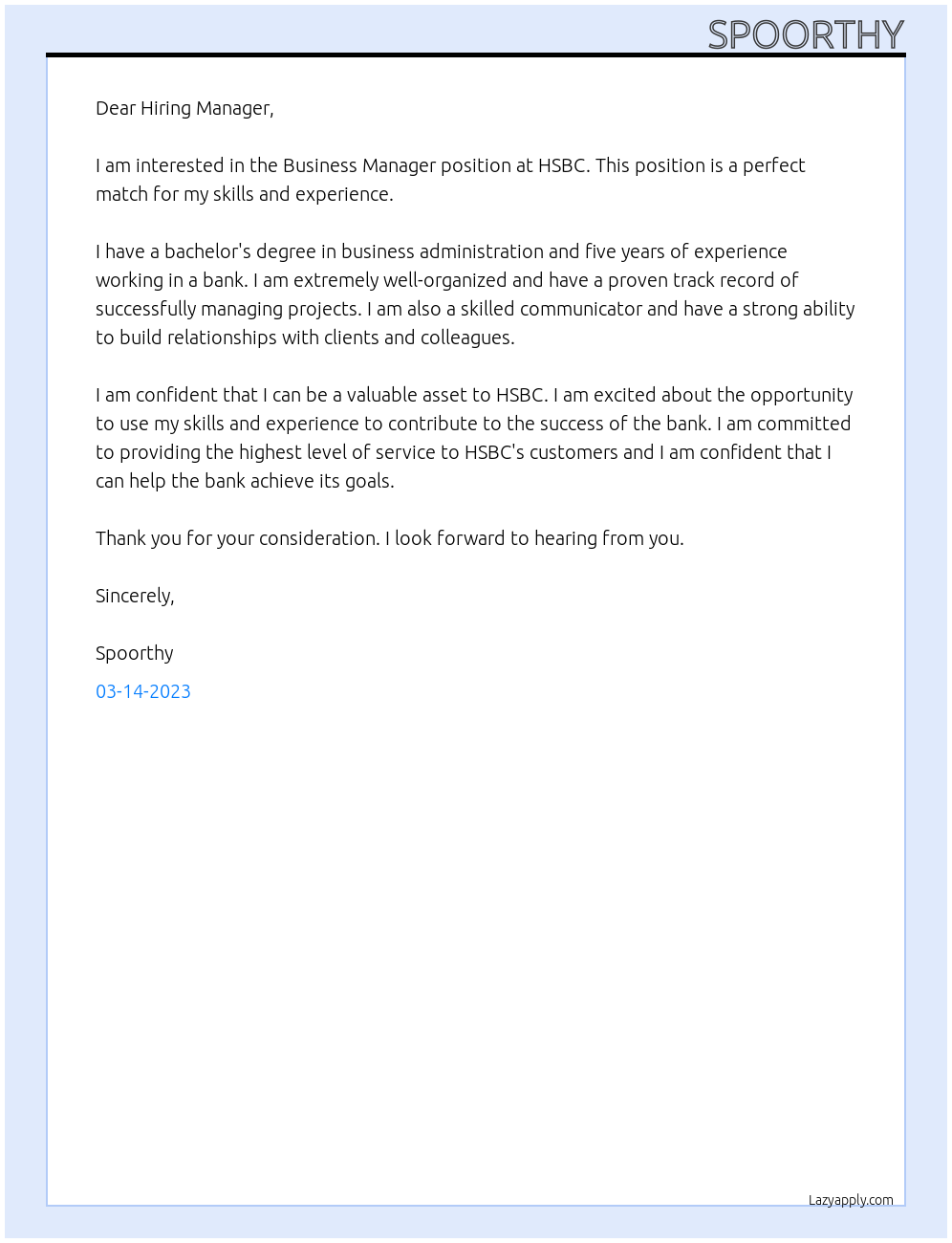 Business Manager At HSBC Cover Letter