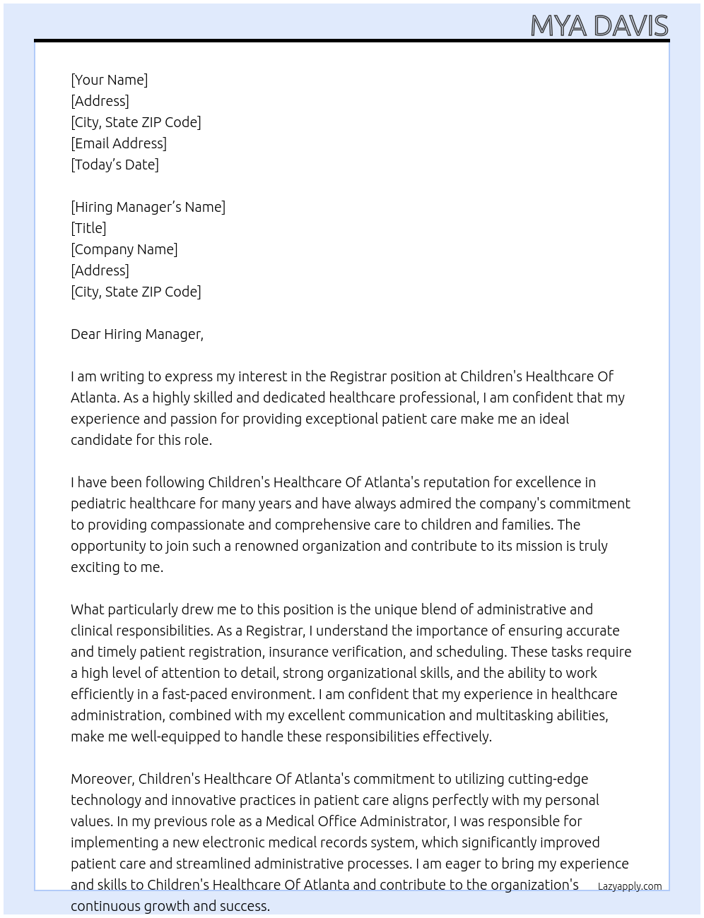 registrar At Children's Healthcare Of Atlanta Cover Letter