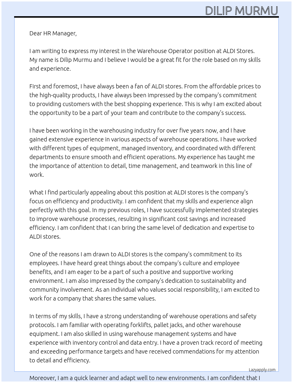 Warehouse Operator At ALDI stores Cover Letter