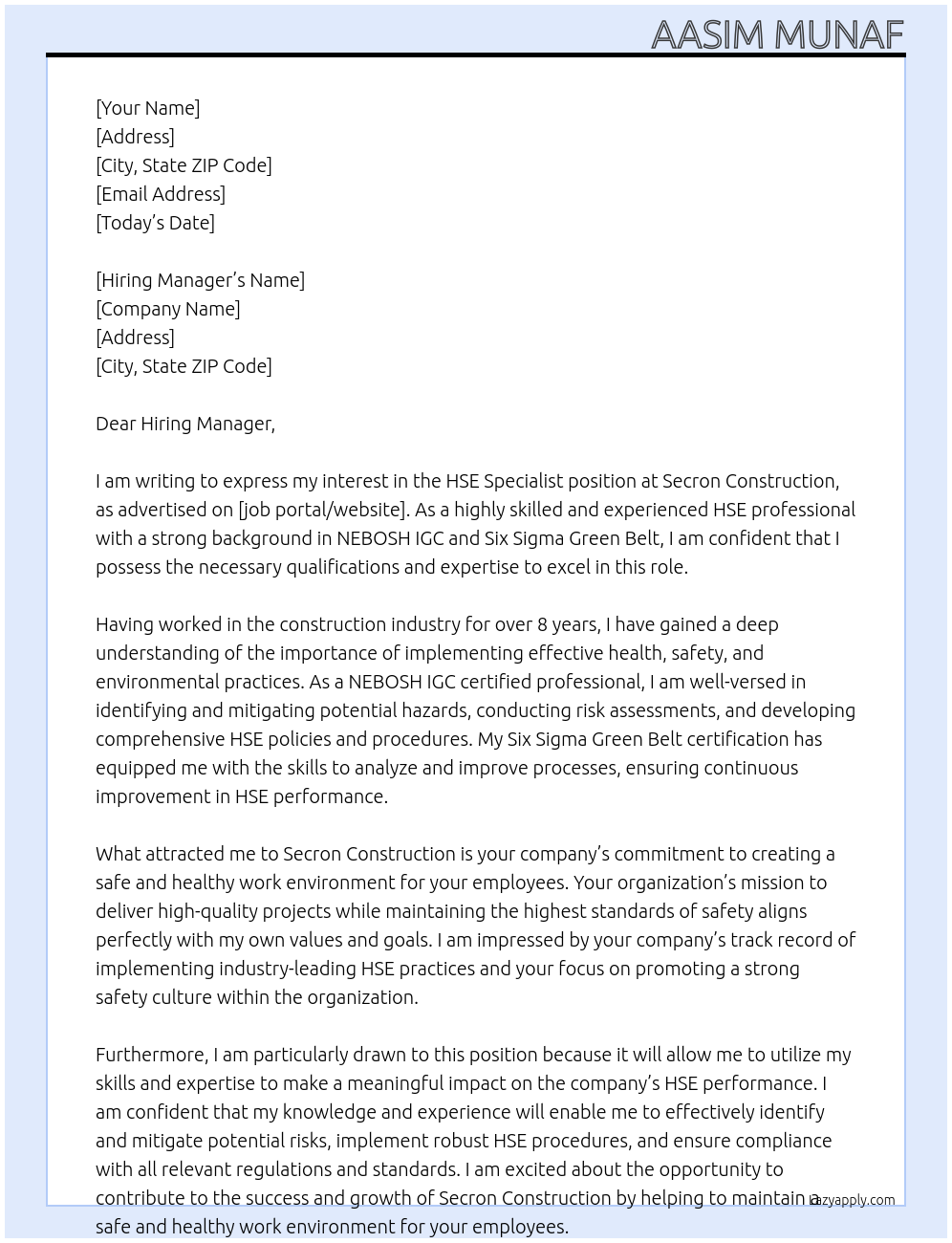 HSE Specialist At Secron Construction Cover Letter