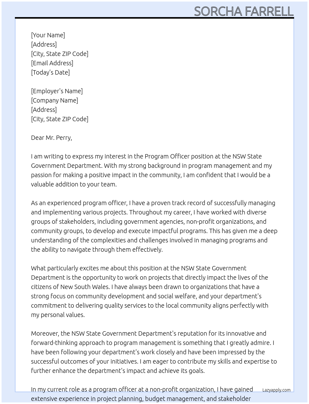 Program officer At NSW State Government Department Cover Letter