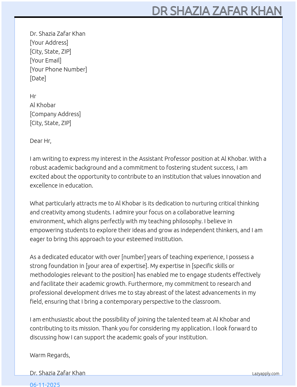 Assistant professor  At Al khobar Cover Letter